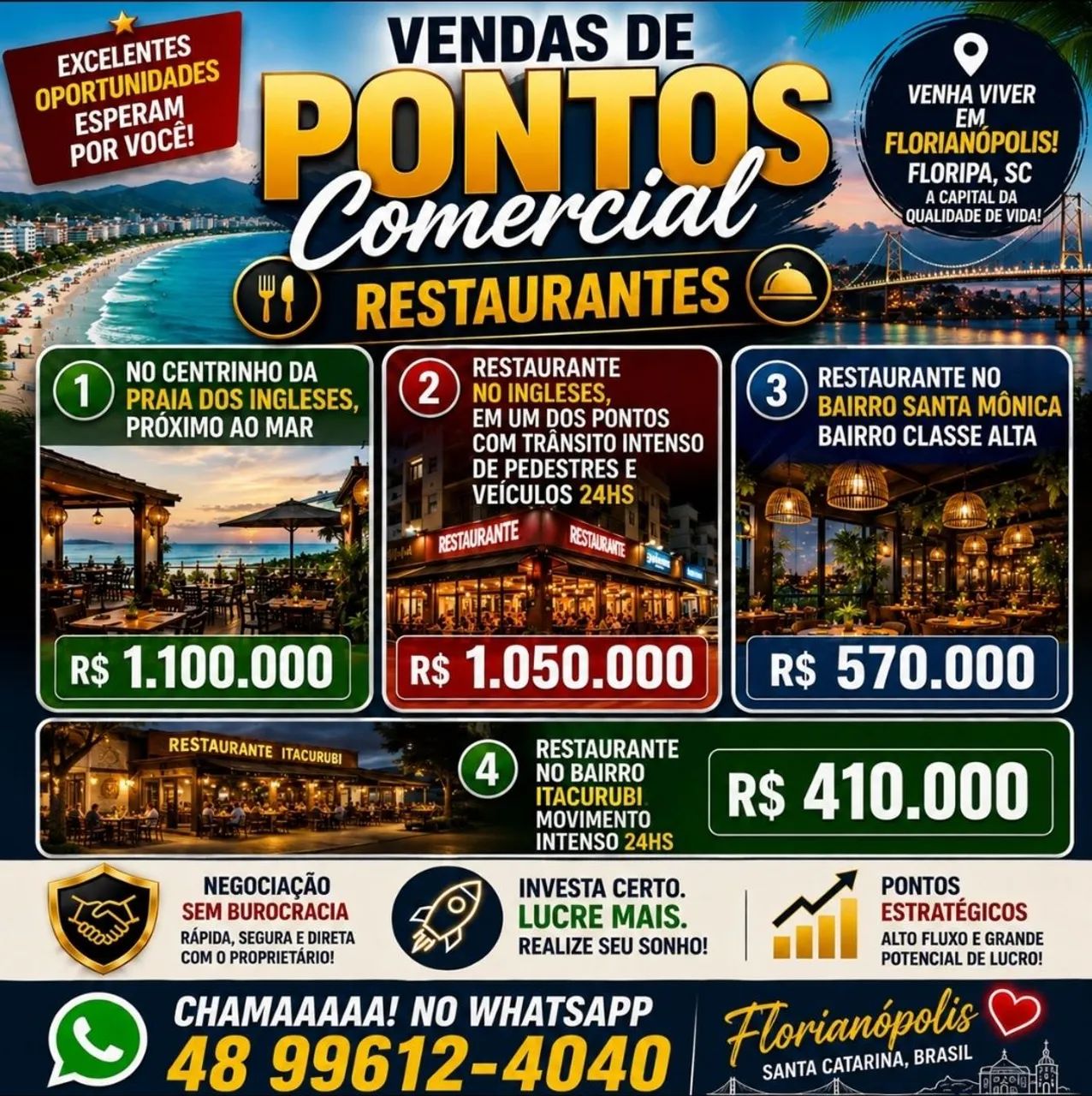 Venda de restaurantes em Florianópolis, Santa Catarina. 