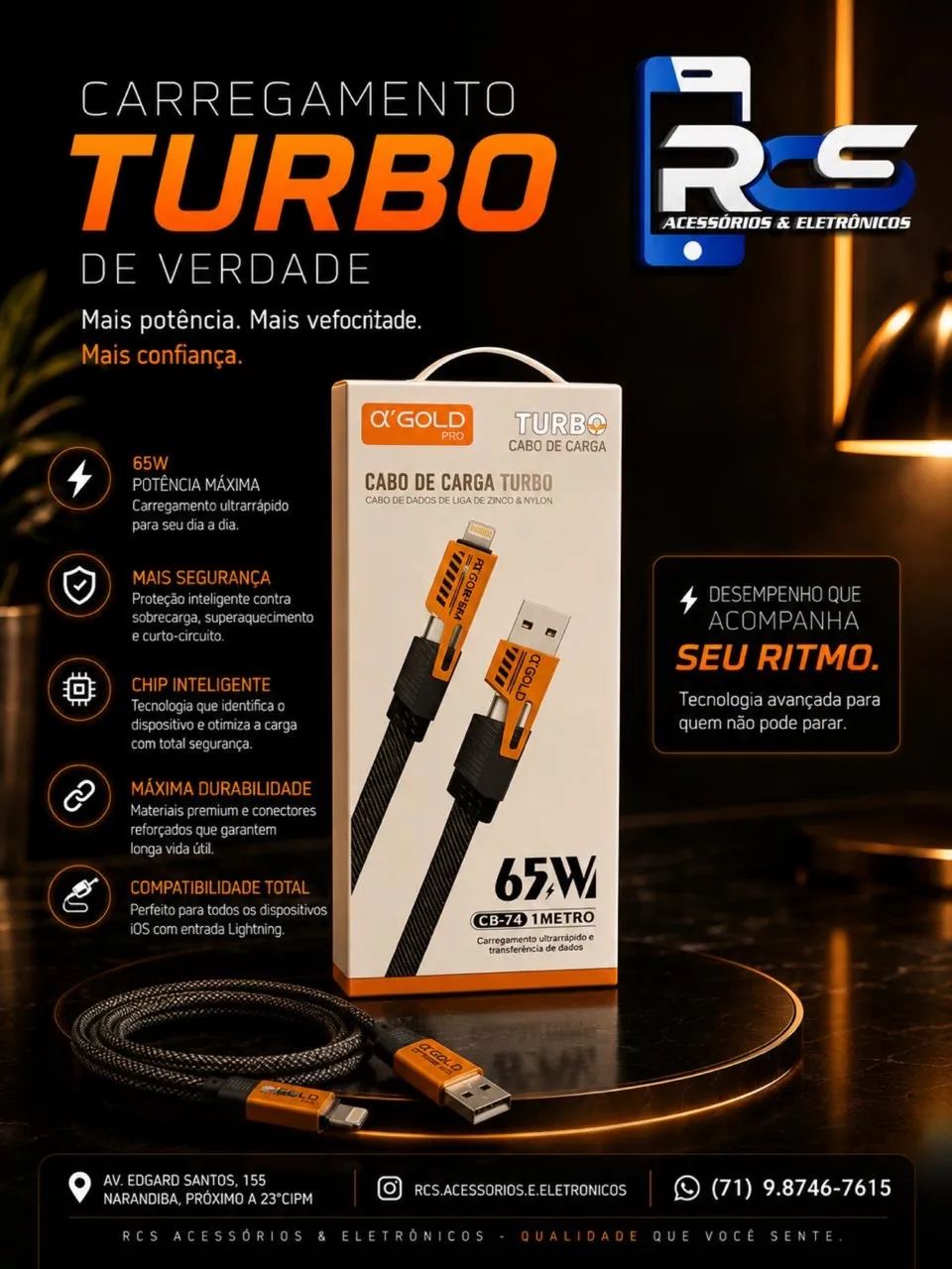 Cabo Turbo 4 em 1 65W Lightning USB-C e USB-A A?GOLD