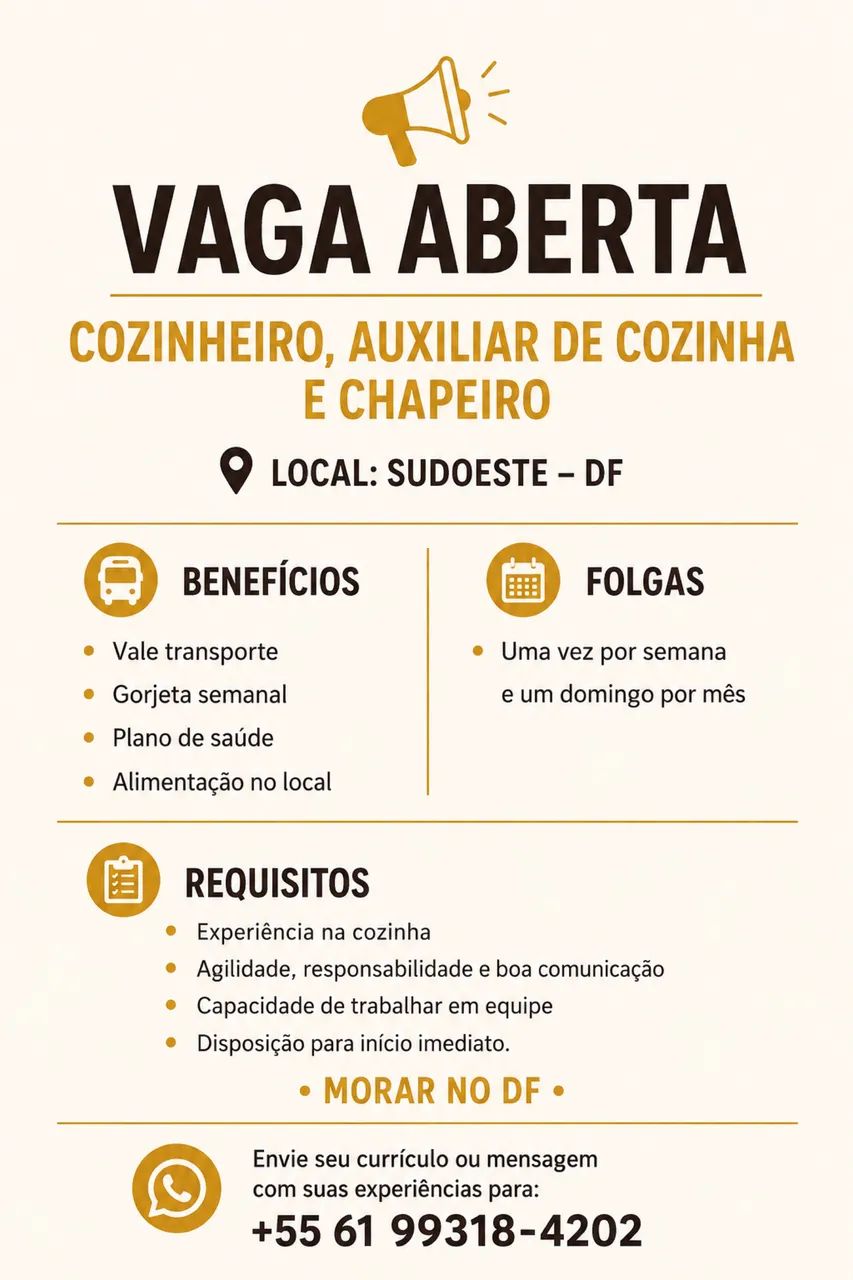 VAGA ABERTA COZINHEIRO, AUXILIAR DE COZINHA E CHAPEIRO