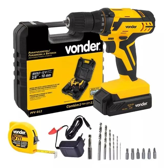 Parafusadeira Furadeira Vonder Pfv-012 12v + Maleta 14 acessórios + Trena 5mts + Garantia