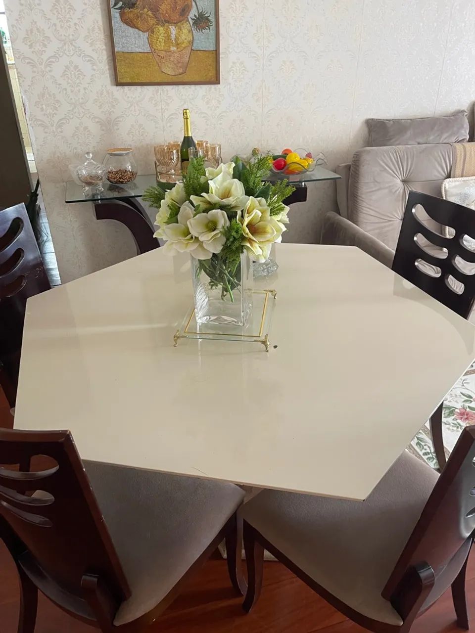 Mesa de Jantar Hexagonal com tampo de vidro e pé de mármore  - Foto 2