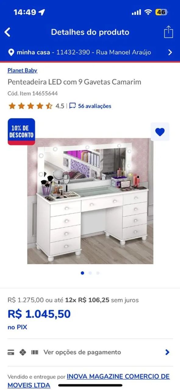 Penteadeira Camarim LED com 9 Gavetas - Branco