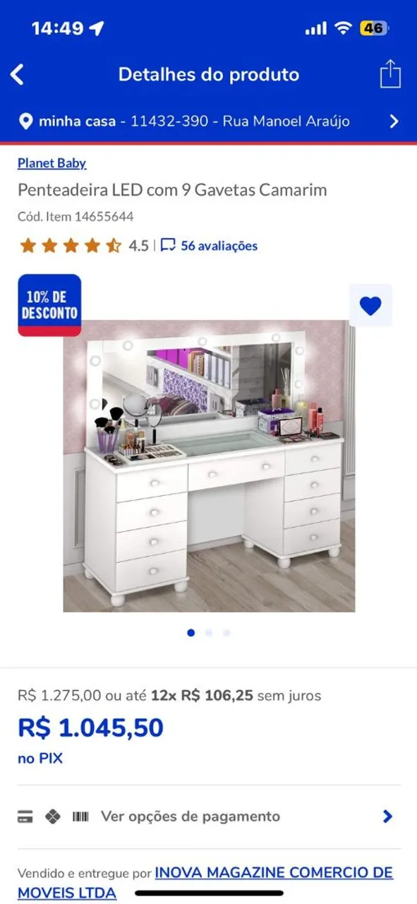 Penteadeira Camarim LED com 9 Gavetas - Branco