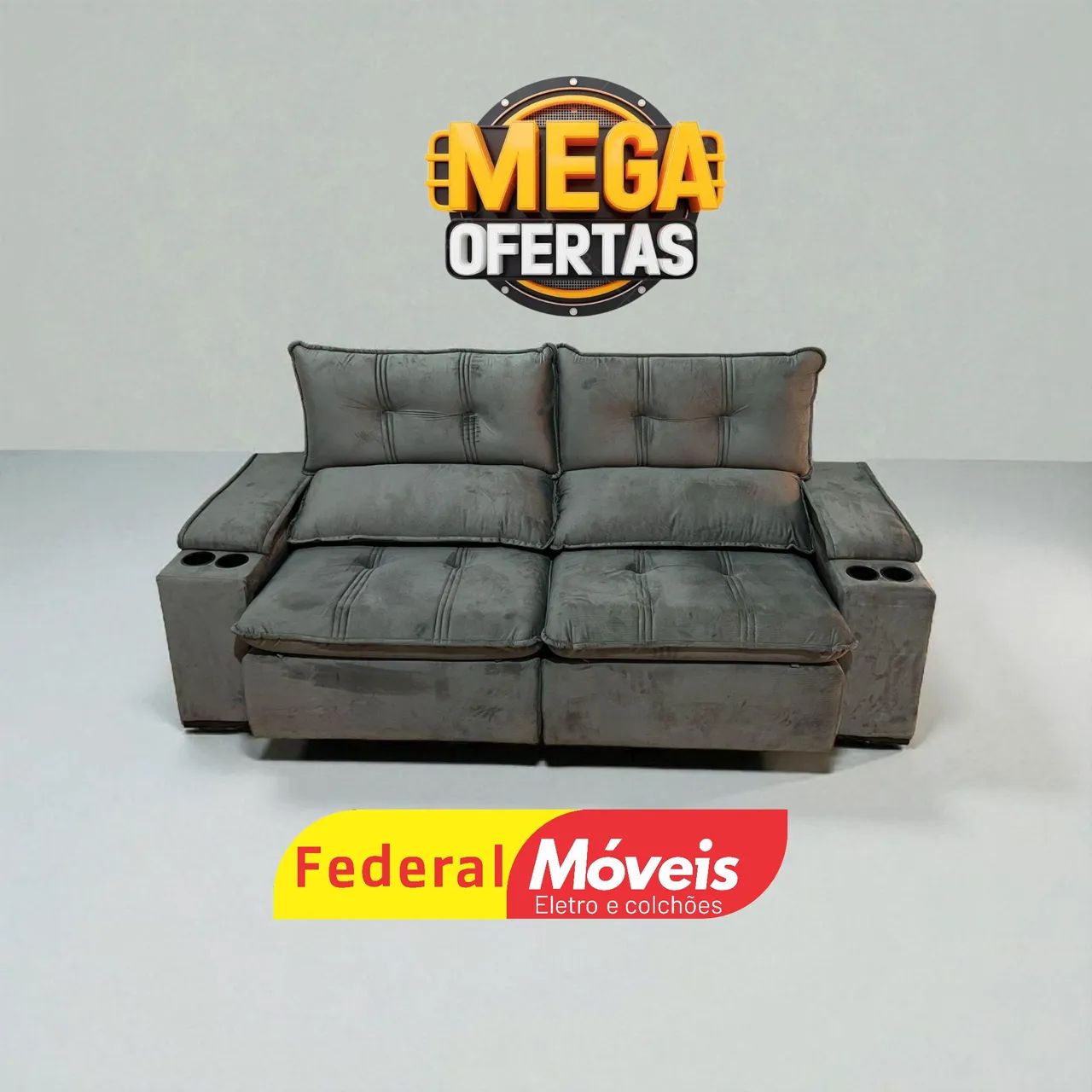 Sofá Moderno 2,24m Retrátil Reclinável Braços c/ Porta Copos Embutidos - Entregamos