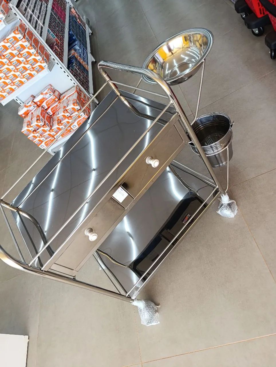 Carrinho TODO EM AÇO inox com bacia, balde e 2 gavetas 