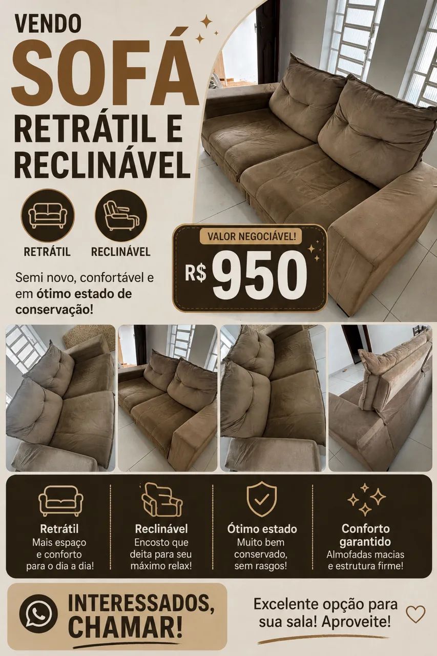SOFÁ RETRÁTIL E RECLINÁVEL À VENDA