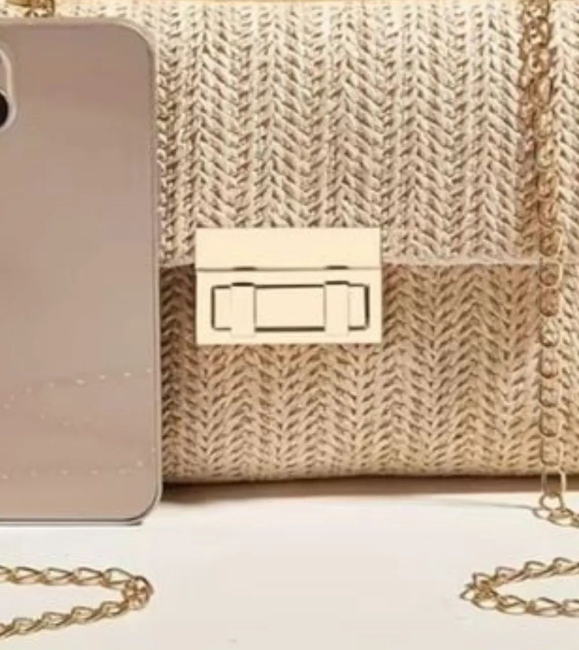 Bolsa nova de ráfia bege, com alça dourada - Foto 5
