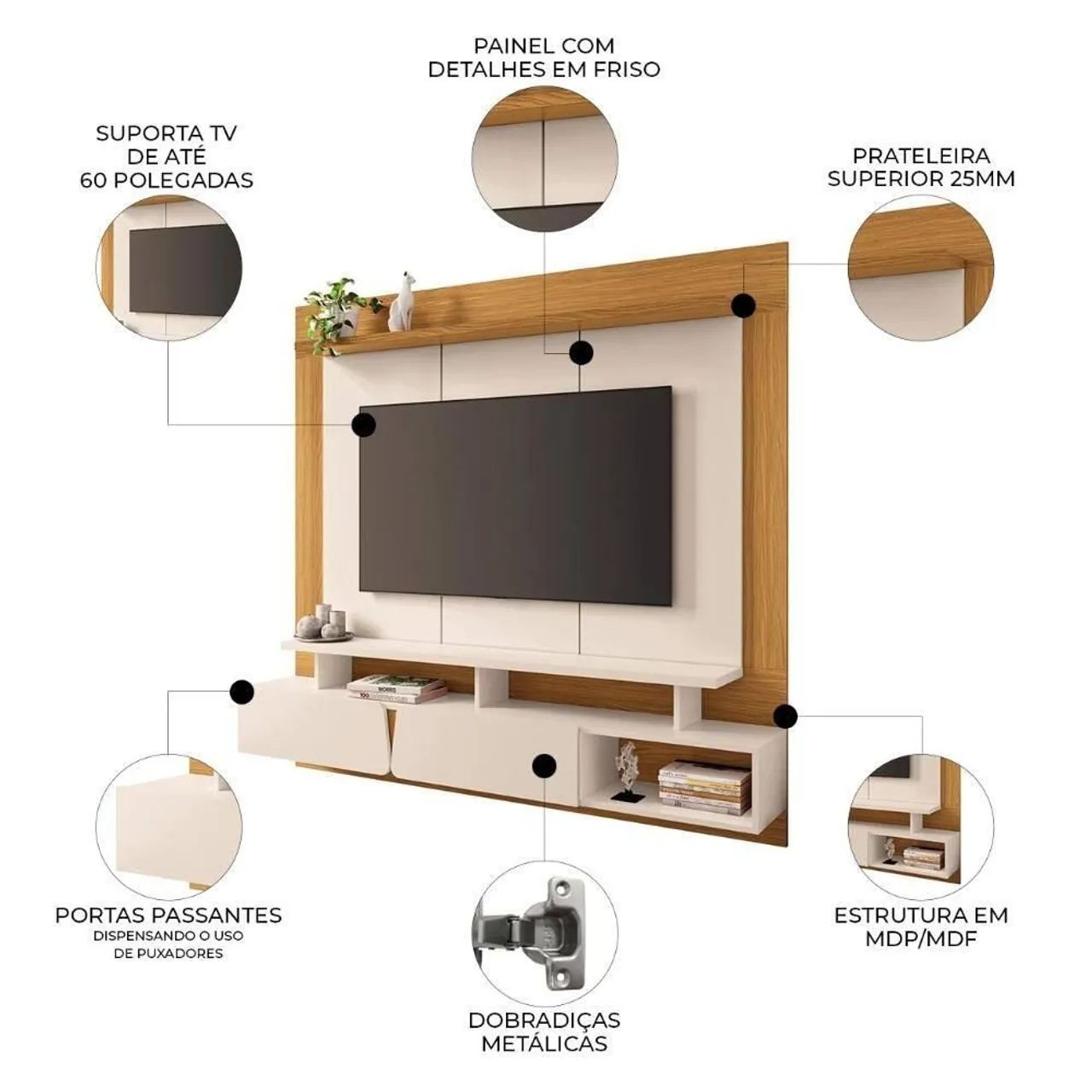 Painel Suspenso Para Tv Até 65 Polegadas 1.6 Zenith Off White / Cinamomo - Hb<br> - Foto 2