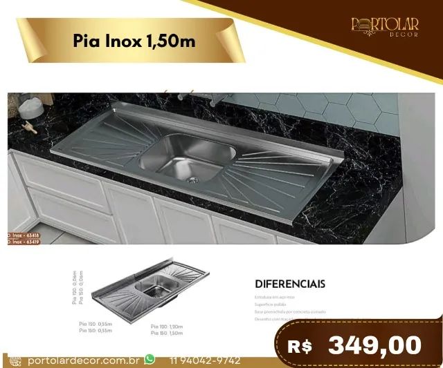Pia inox 1,50 m a pronta entrega 