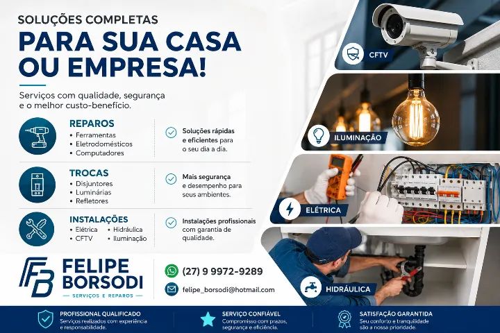 Eletricista, CFTV, Bombeiro Hidráulico.