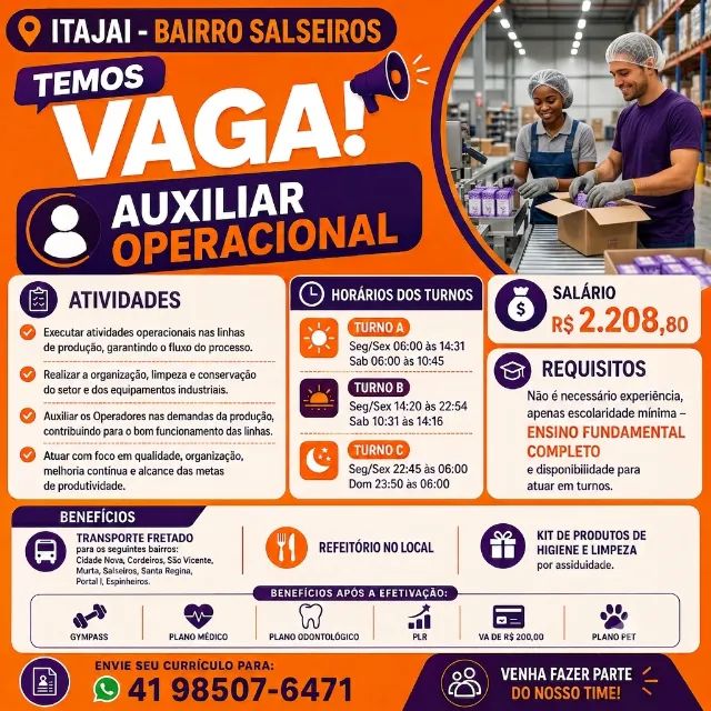 AUXILIAR OPERACIONAL - ITAJAI/BAIRRO SALSEIROS