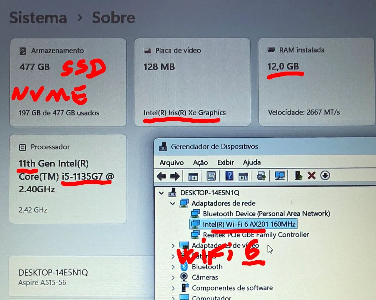 Notebook Acer A515-56, Ac Cart, i5 11°+Iris Xe, 12GB, SSD Nvme 512GB, Wi-Fi 6,Bat 5hs - Foto 3
