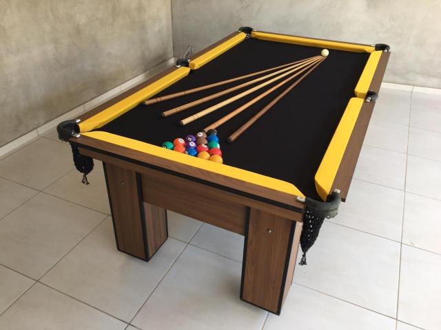 Mesa de Bilhar com Redes Cor Imbuia Bordas Amarelas Tecido Preto Modelo FRW1478 - Foto 4