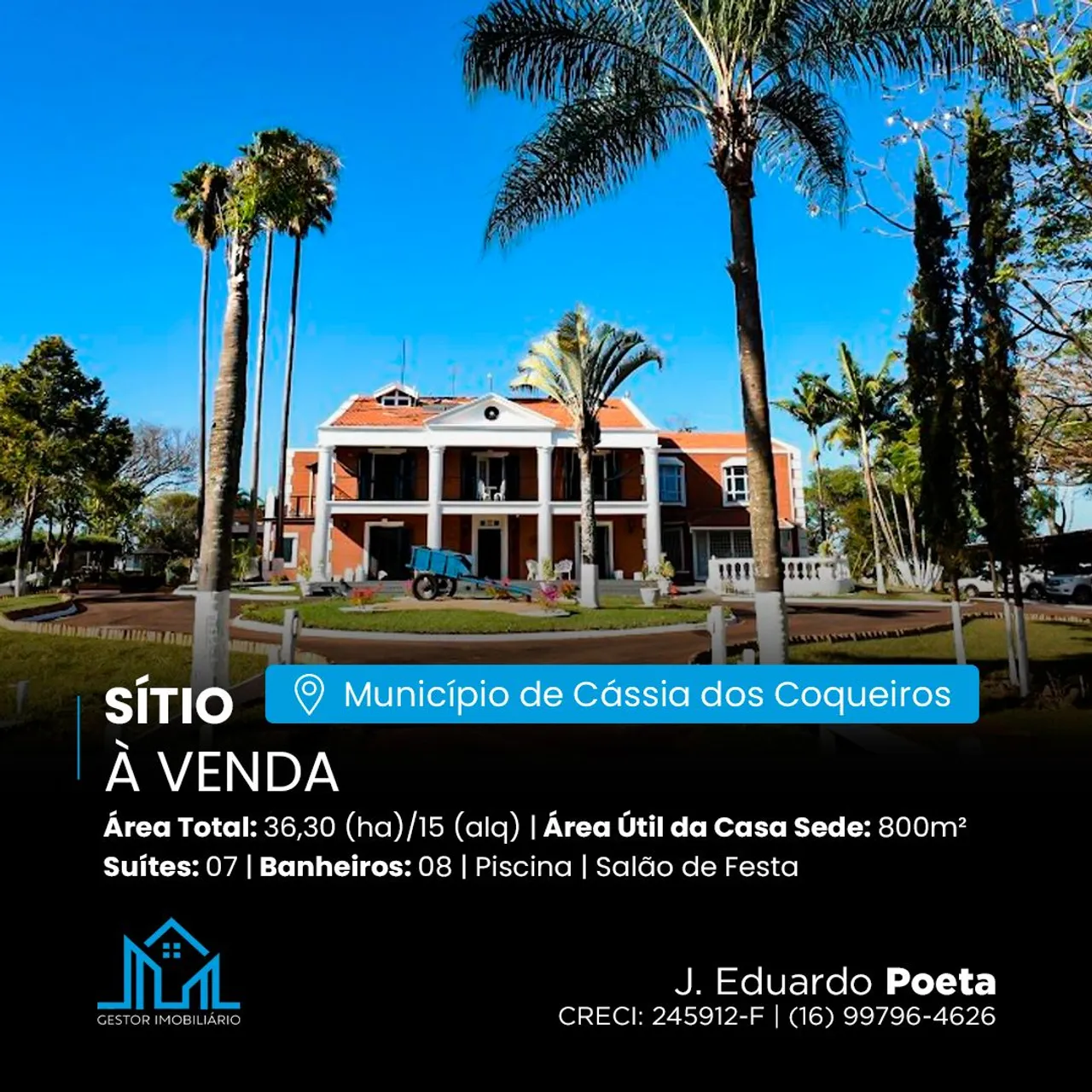 Lindo Sítio em Cássia do Coqueiros-SP, com 36,30(ha)/15Alq.e casa sede com 800m²