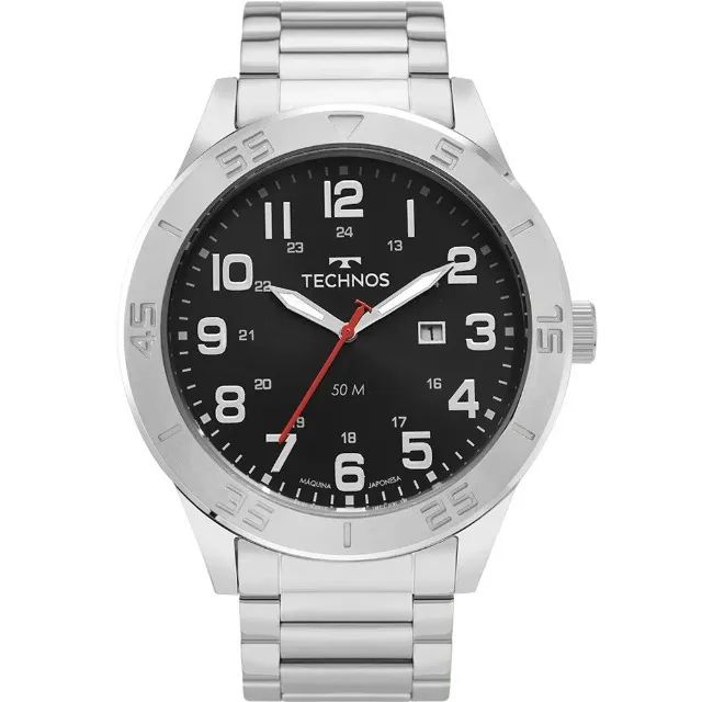 Relógio masculino Technos Militar com caixa e pulseira em aço inoxidável prateado.