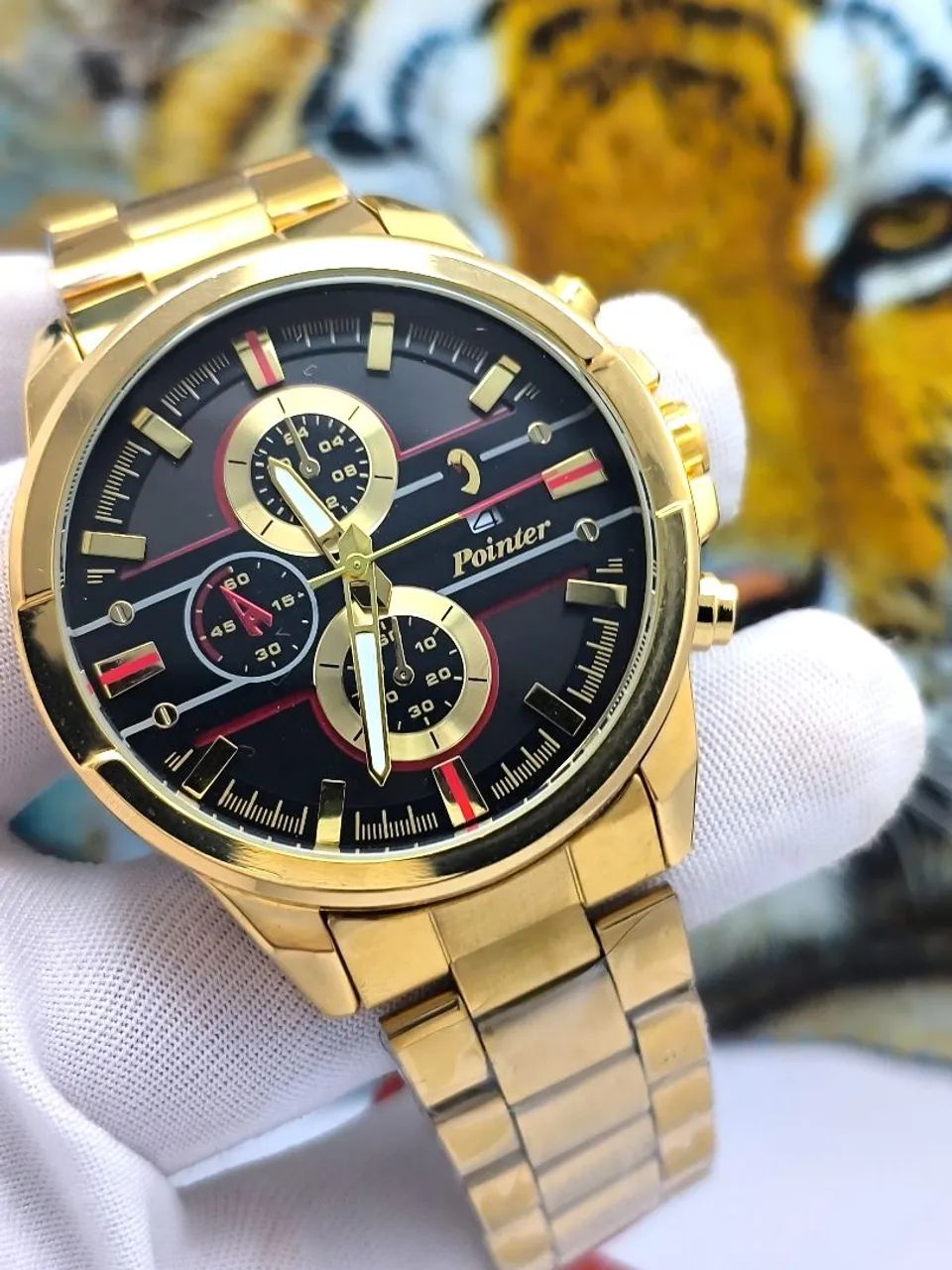 Relógio masculino dourado com data calendário design luxo - Foto 3