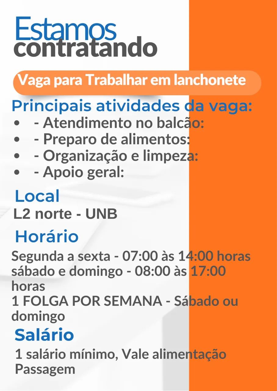 Vaga para trabalhar em lanchonete