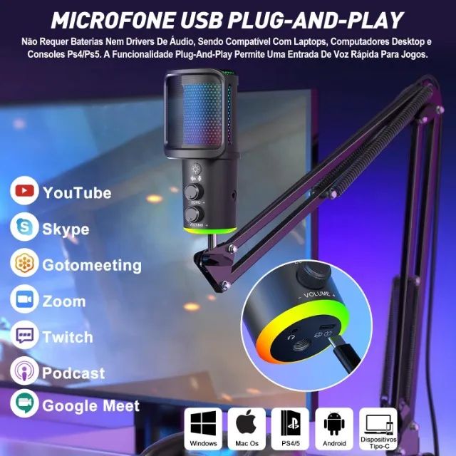 Microfone RGB,NEW USB Mic para PC/Notebook, com Arm, Condensador Mic - Foto 4