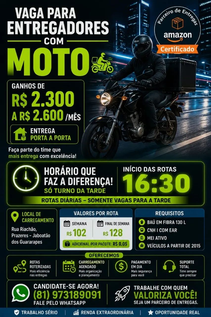 Entregador - Motos Com Baú em Fibra - Ganhe de R$ 2.300 a R$ 2.600/mês