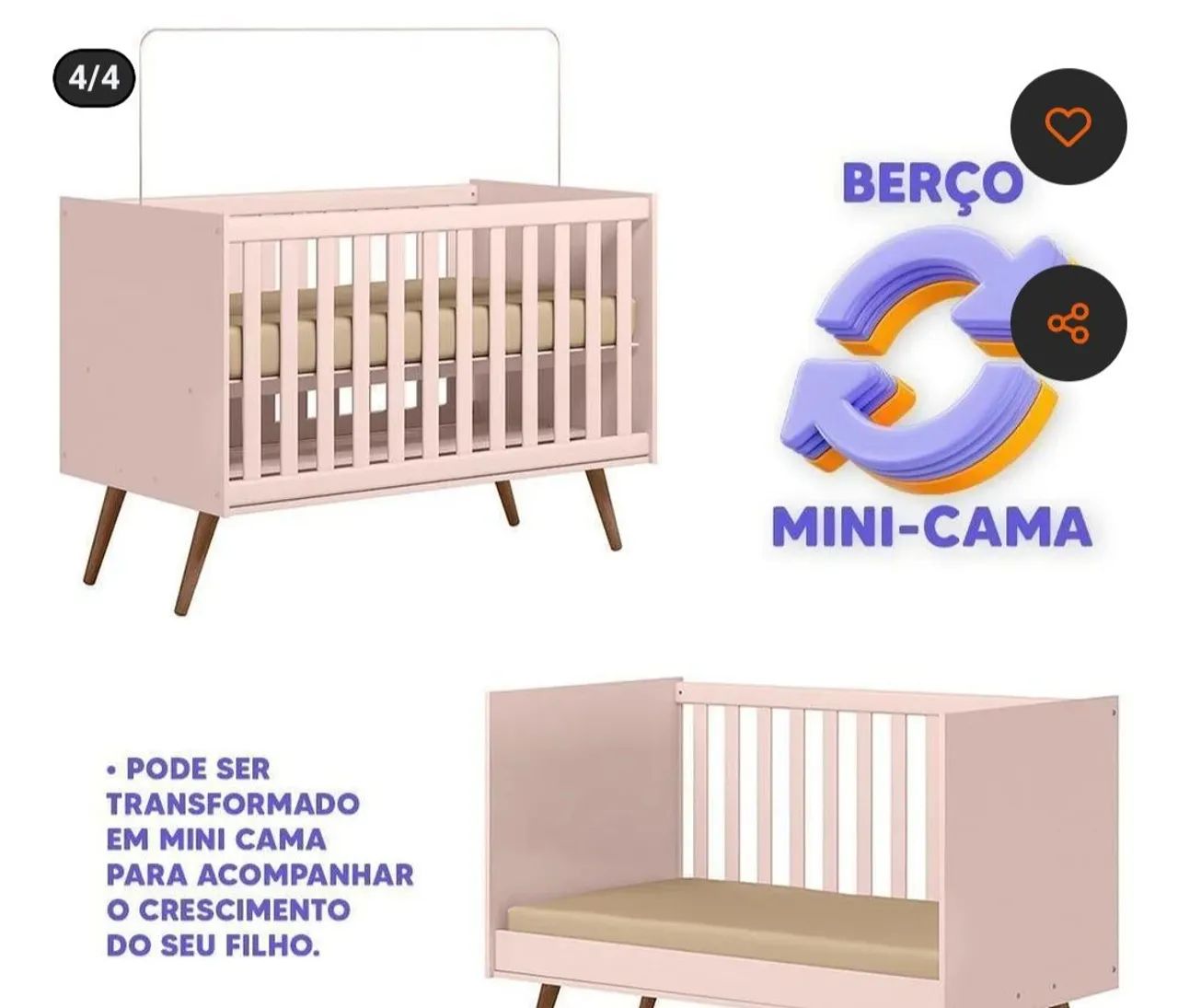 Berço 2 em 1 QEncanto Retrô Rosa - Foto 2