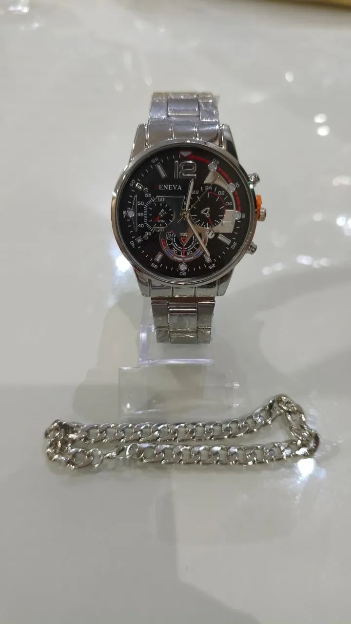 Relogio Geneva Analógico e Data de Aço Prata + Pulseira de Brinde Novo