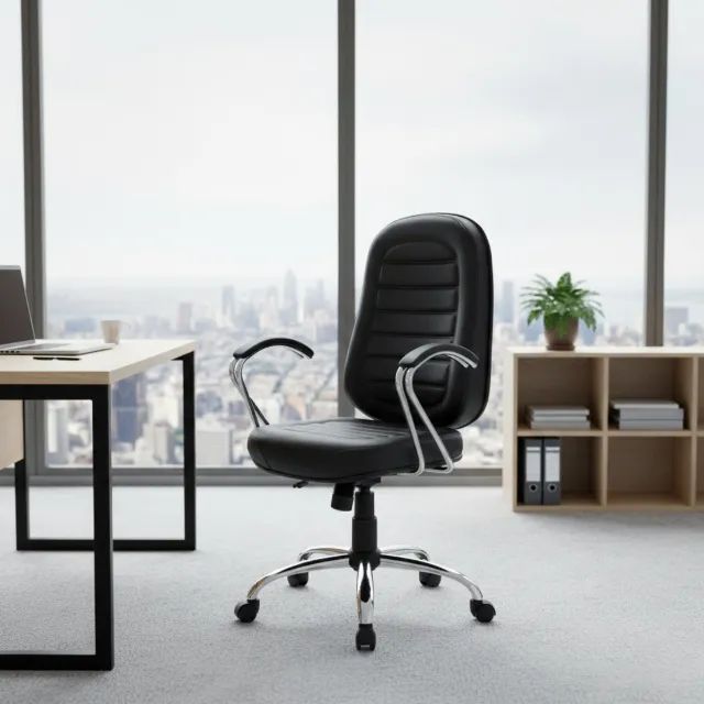Cadeira Presidente Baixa Preta Base e Braços Cromados Conforto Ergonômica Modelo 30104