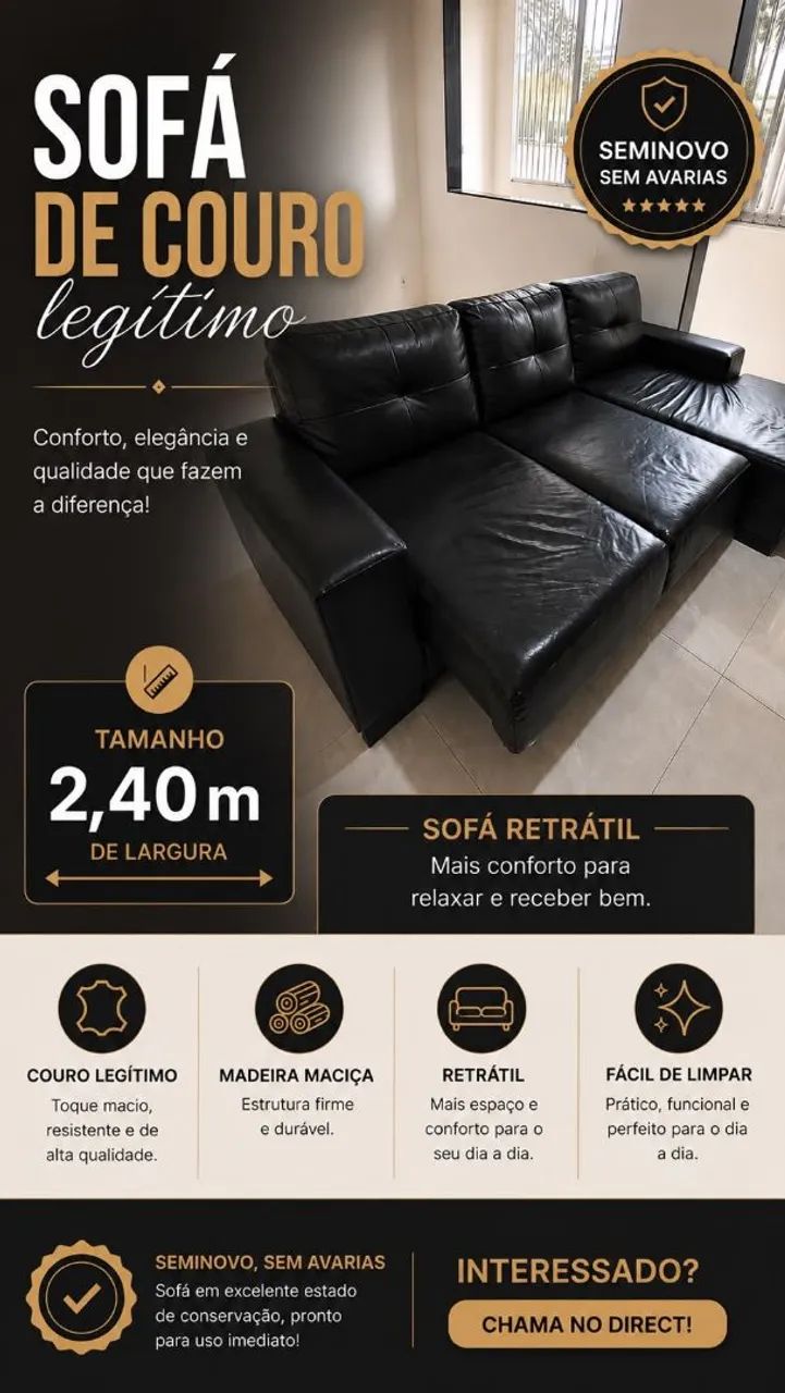 Sofá em couro legítimo 