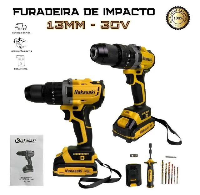 Furadeira e Parafusadeira De Impacto 13mm a Bateria - 30v Semelhante Dewalt