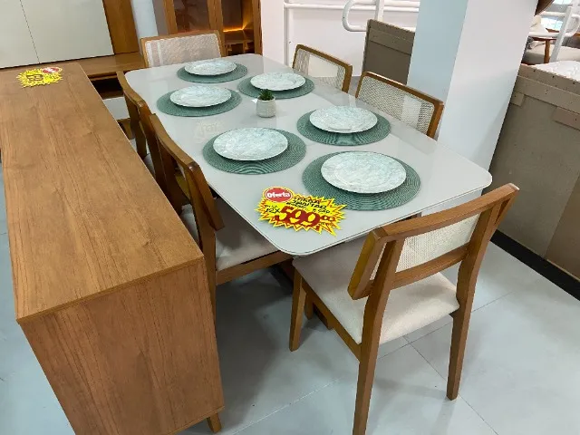 Mesa De Jantar Tampo Laqueado Com Base Maciça + 6 Cadeiras Com Tela