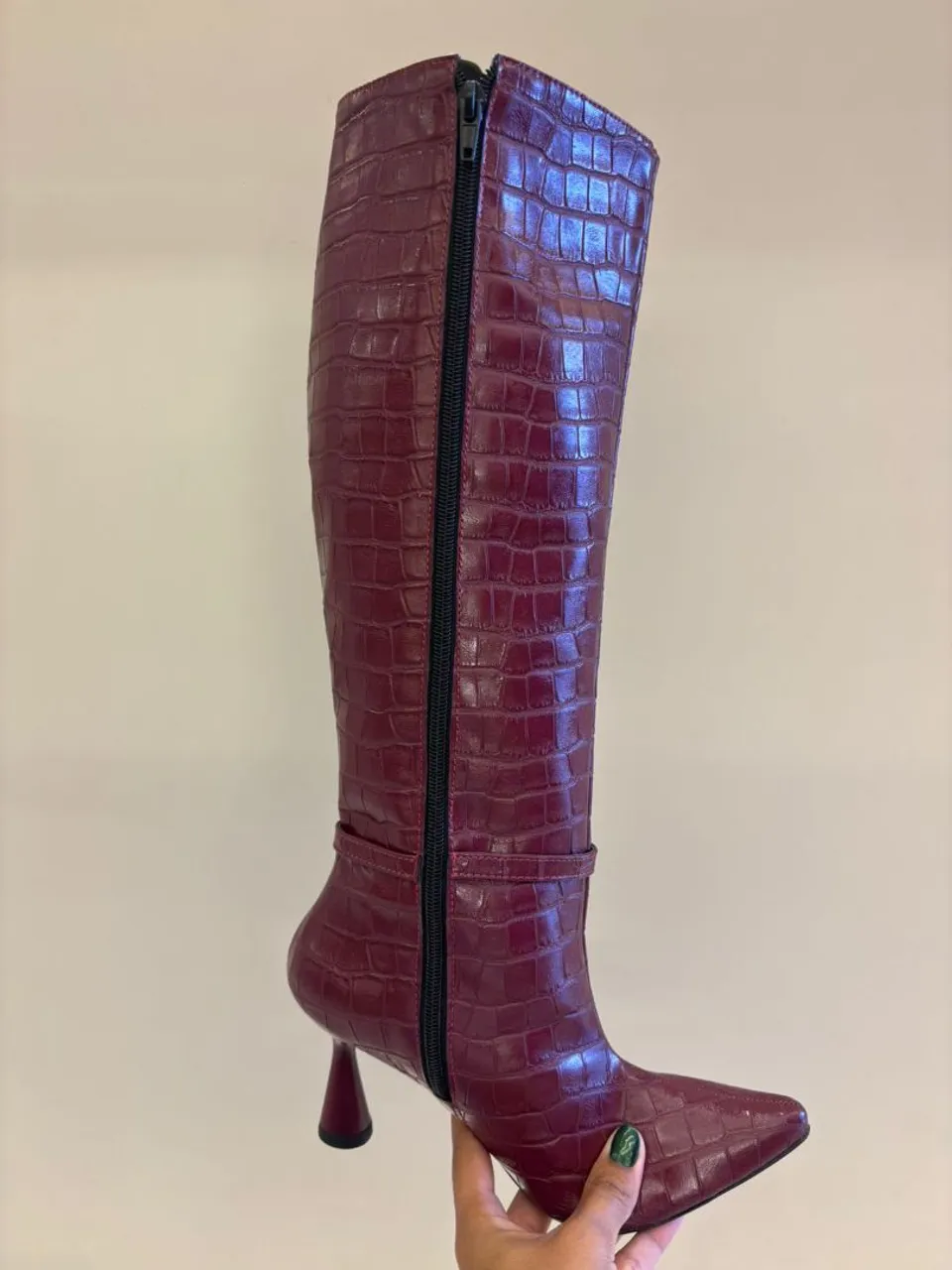 Bota Feminina Cano Alto Vinho Croco