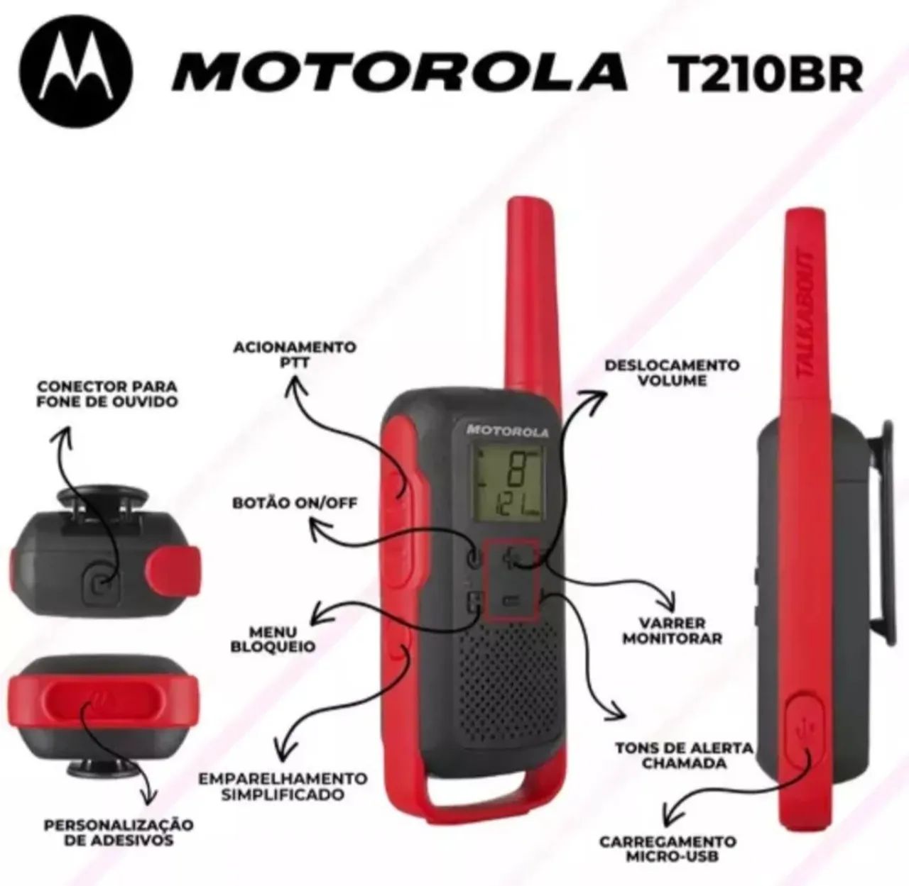 Talkabout Motorola T210BR Alcance Até 32km<br>UHF Cor Vermelho - Foto 4