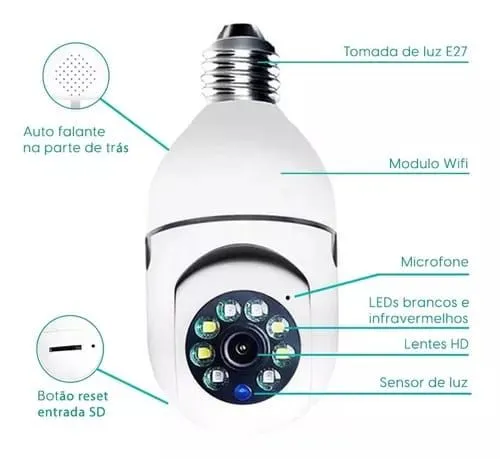 Câmera IP Lâmpada WiFi Segurança Full HD
