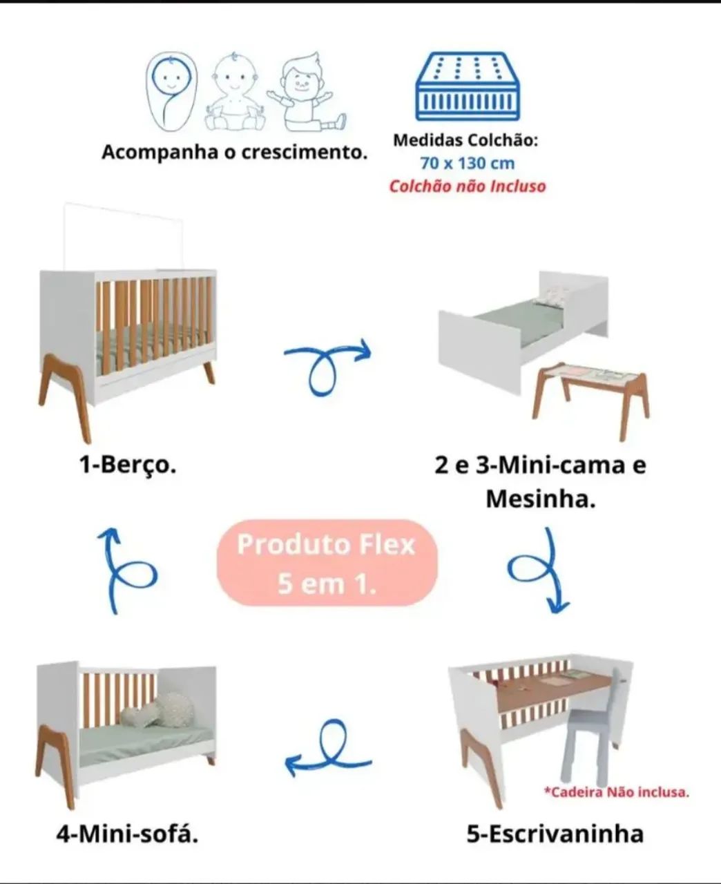 Berço MDF 5 em 1 + Colchão  - Foto 5