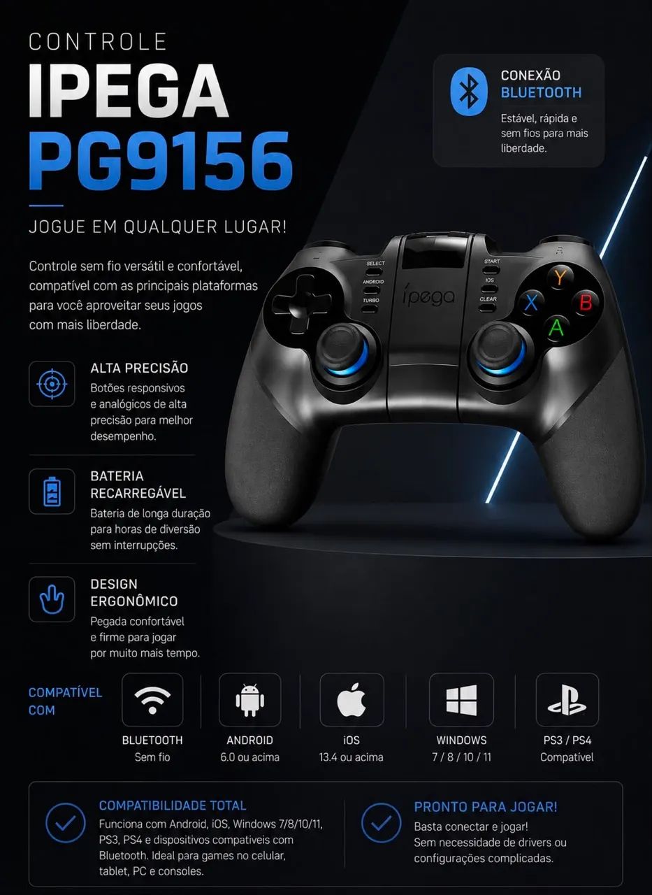 Controle iPega PG-9156 Bluetooth, Android, iOS, PC, Smart TV