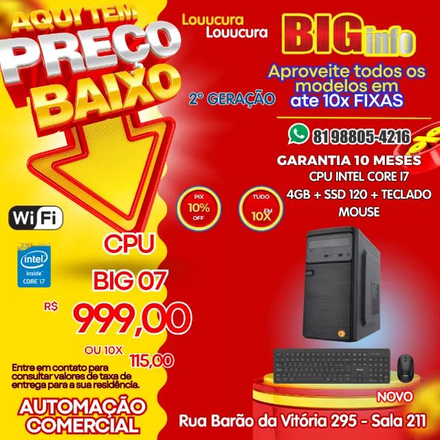 Computador CPU Intel Core I7, Memória 4GB, SSD 120 - Garantia - Em ate 10x Fixas