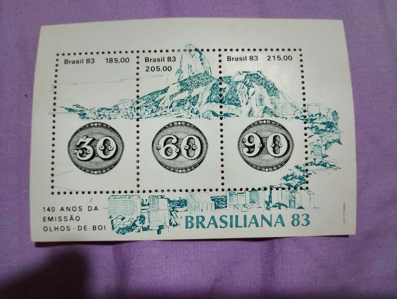 Bloco selo 140 anos emissão olhos de boi 