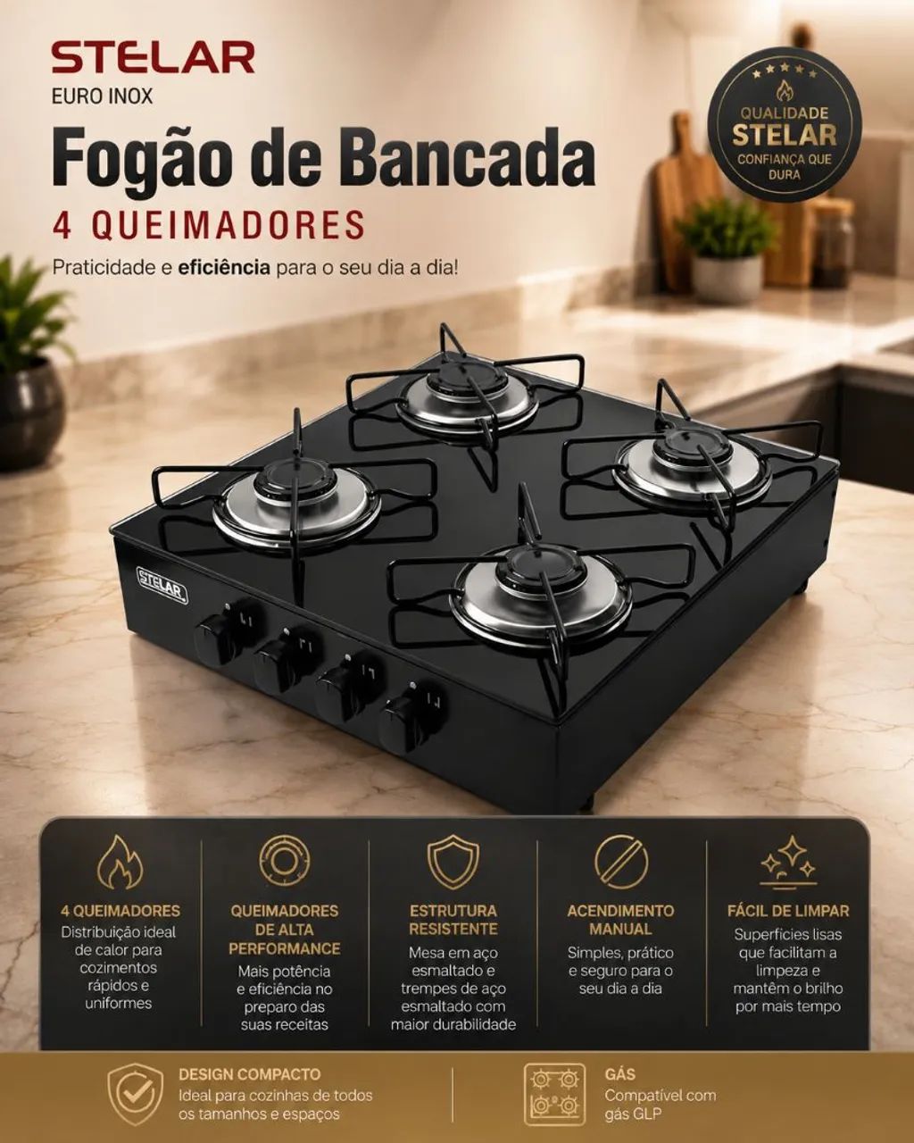 Fogão de bancada 4 bocas Stelar. Zero 