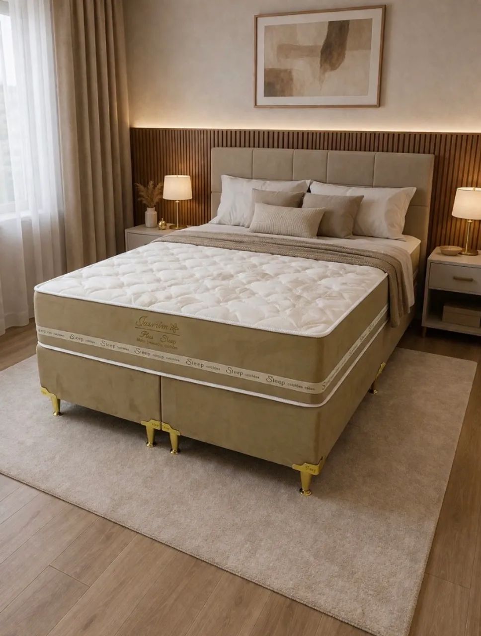 Cama Box Queen Jasmin Plus, base + colchão com molas ensacadas - Entrega imediata;