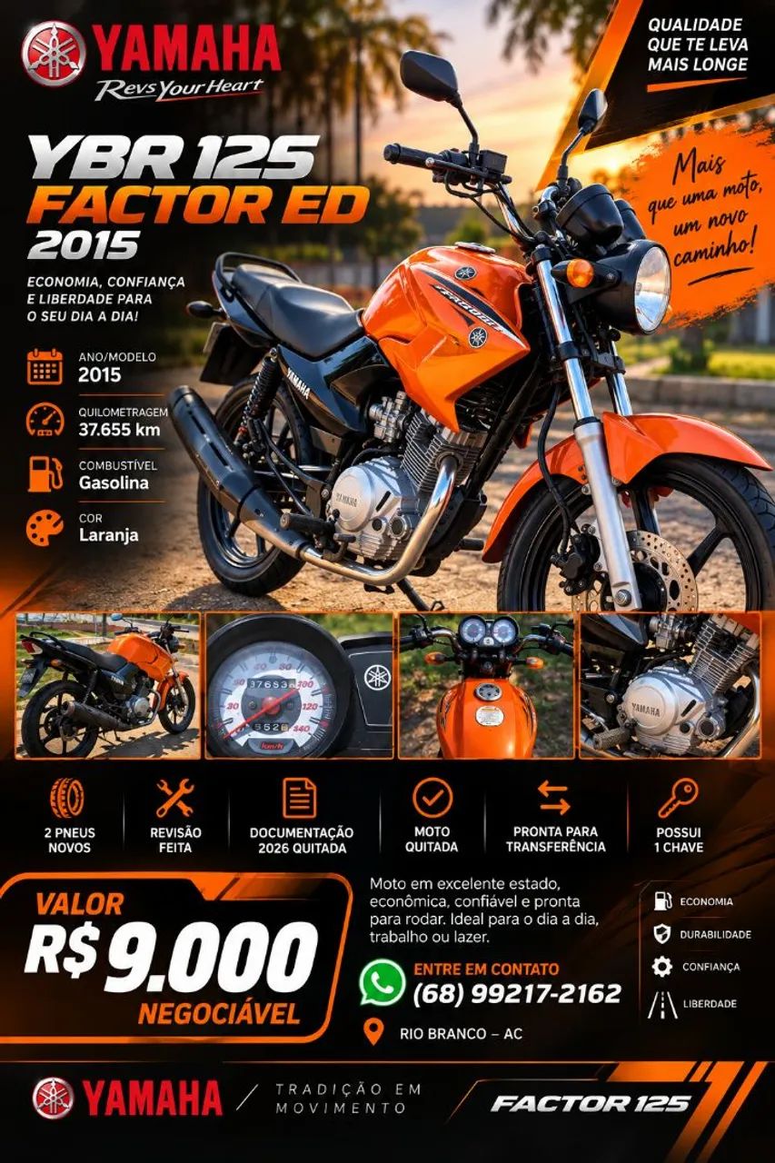 YAMAHA FACTOR YBR 125 ED 2015 | 37.655 KM | QUITADA | R$ 9.000