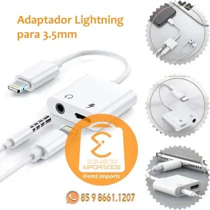 Adaptador iPhone 2 em 1 Fone P2 3.5mm e Carga Lightning