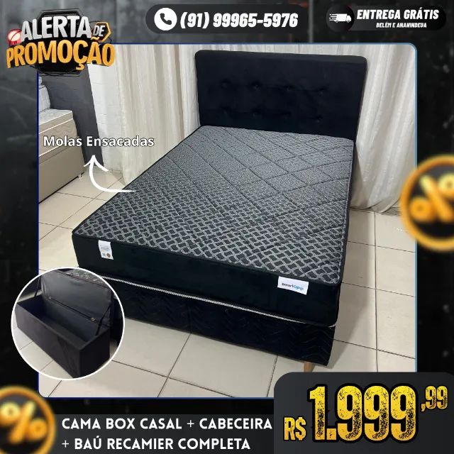 CAMA BOX CASAL + BAÚ + CABECEIRA (COLCHÃO MOLAS ENSACADAS)