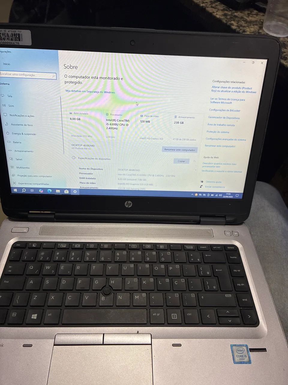 Notebook Hp core i5 6 geração 8gb ram ssd240gb