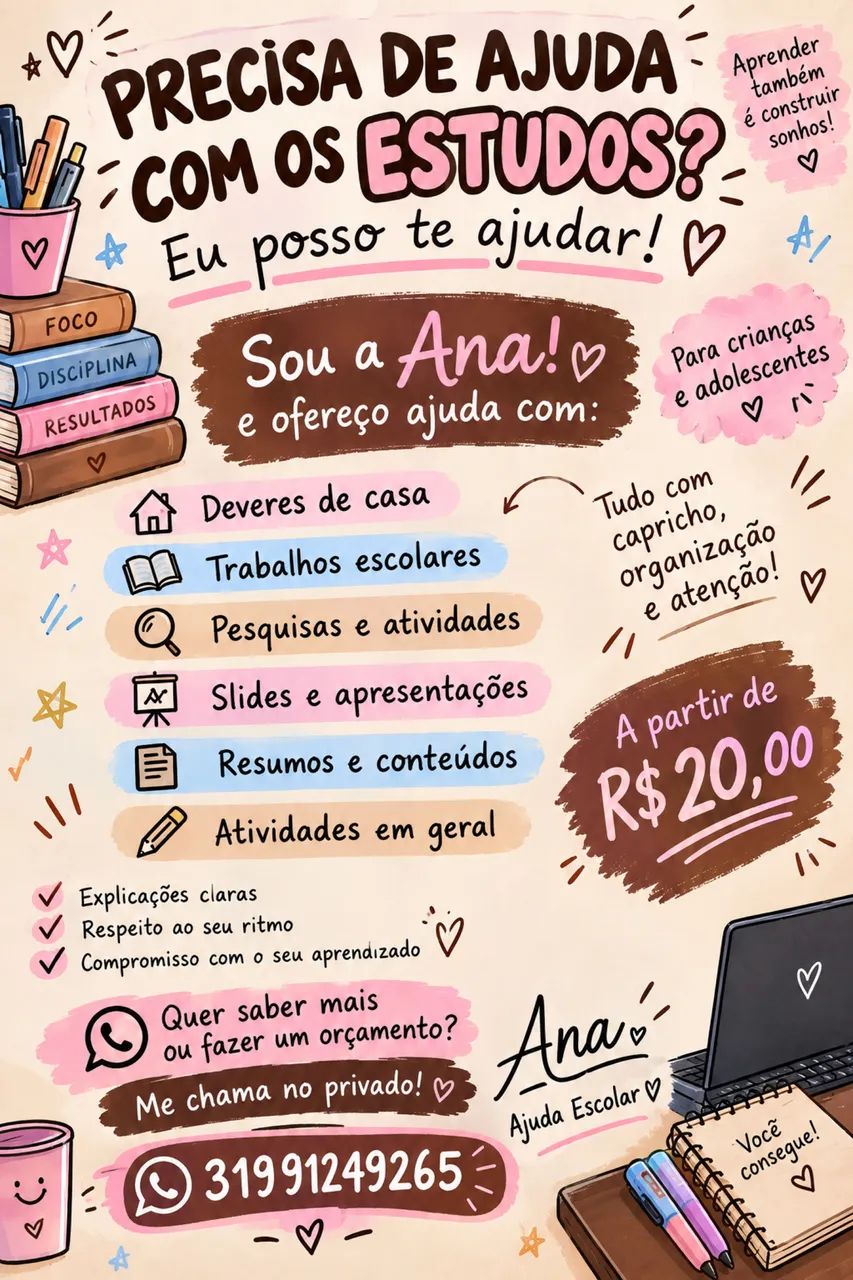 AJUDA ESCOLAR PARA CRIANÇAS E ADOLESCENTES ? A PARTIR DE R$20!