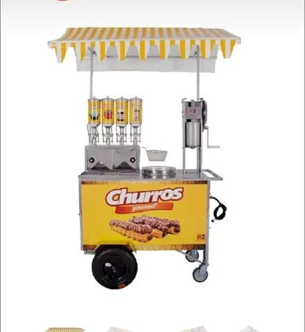 Carrinho de Churros Gourmet usado com 1 Masseira Fuso Tubo e 4 Doceiras Alumínio 2 Litros