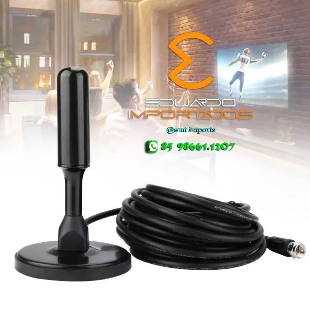 Antena Tv Digital Interna Externa Prova D'água Base Imã Cabo 5m