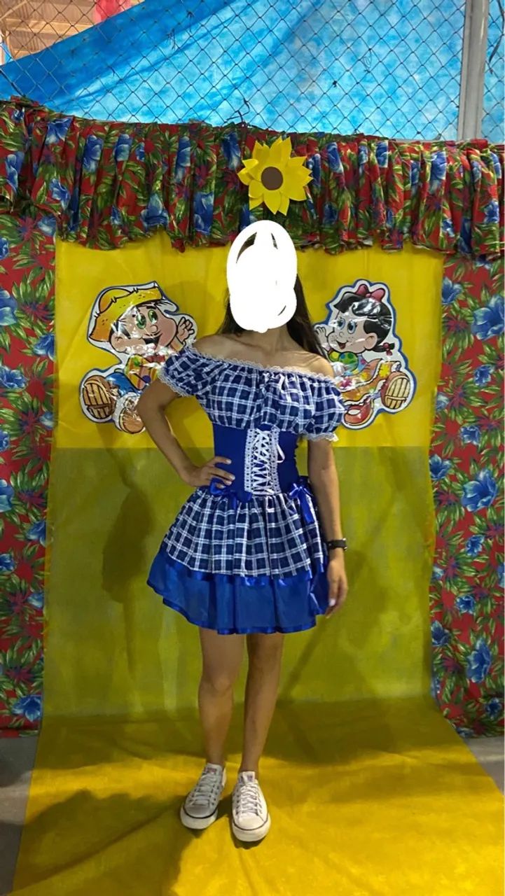 Vestido Festa Junina Adulto - Azul e Branco - Foto 2