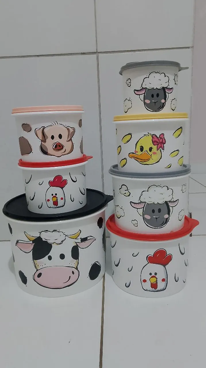 Conjunto de 7 Potes Tupperware Decorados Animais