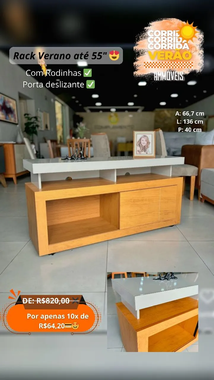 Rack Verano até 55" com Rodinhas e Porta deslizante