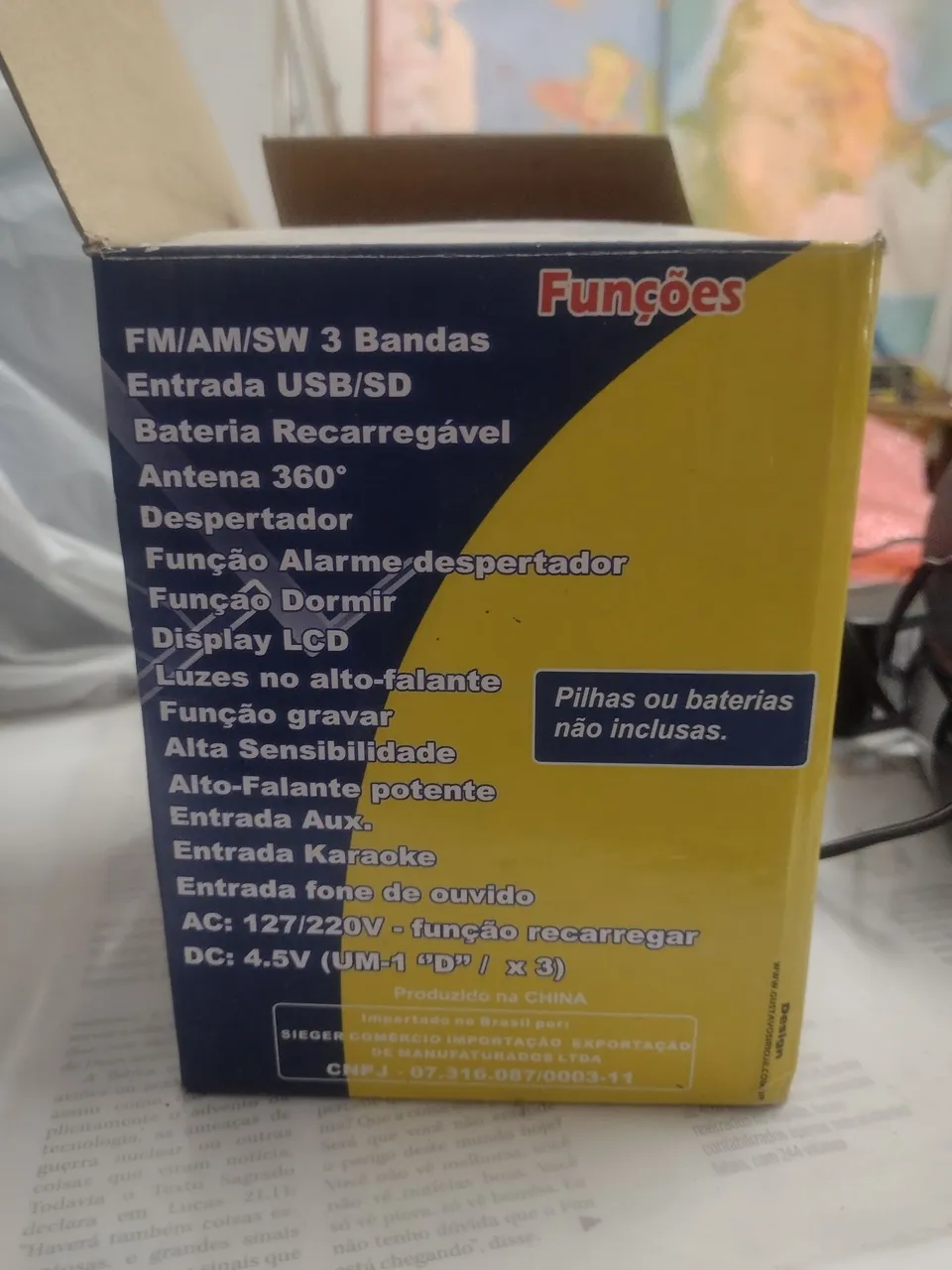 Rádio com USB/SD, FM/AM/SW, bateria recarregável