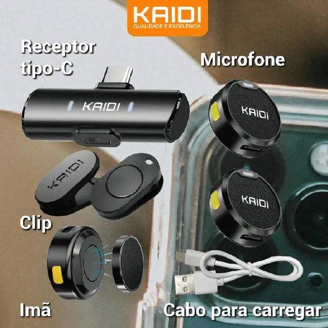 Microfone Lapela Redondo Com Imã Sem Fio Duplo Anti Ruído p/ Android e iPhone Kaidi - Foto 3